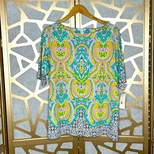 CHARTER CLUB Women's GREEN YELLOW BLACK Paisley Print BLOUSE